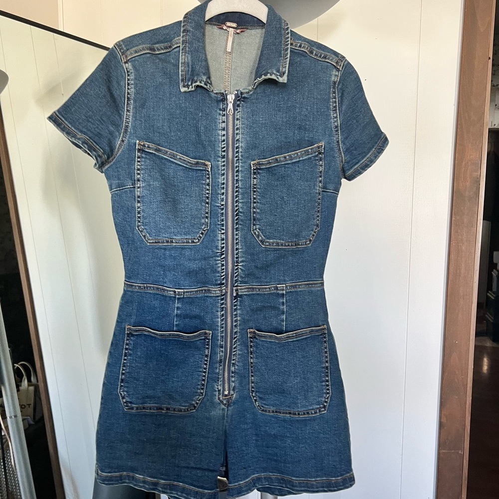 Free People CRVY Lennox Shortsuit/Denim Romper - Rider Blue